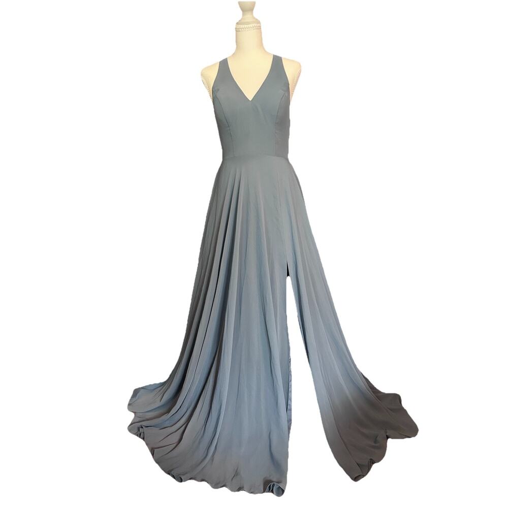 Azazie Amalfi Evening Gown Dusty Blue Flowy Pleated Chiffon Prom Wedding CUSTOM